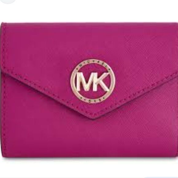 Michael Kors Greenwich Medium Envelope Trifold Leather Wallet- Wild Berry - Picture 2 of 11